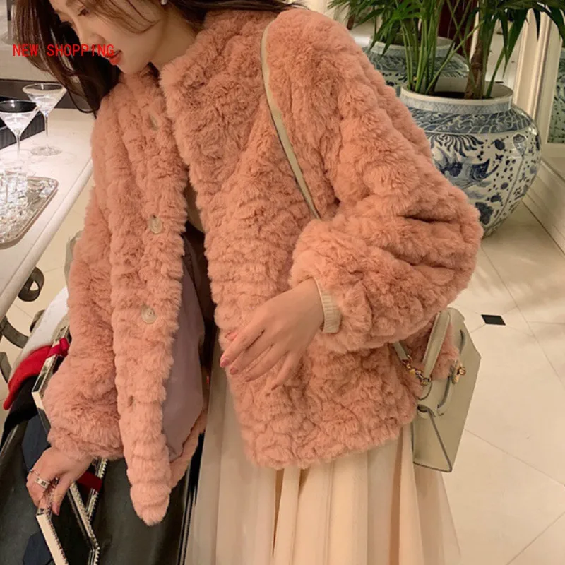 Luxurious Winter Teddy Bear Coat Faux Wool Fur Jacket Ladies Casual Fake Rabbit Fur Outerwear Soild Turn-down Collar Overcoat