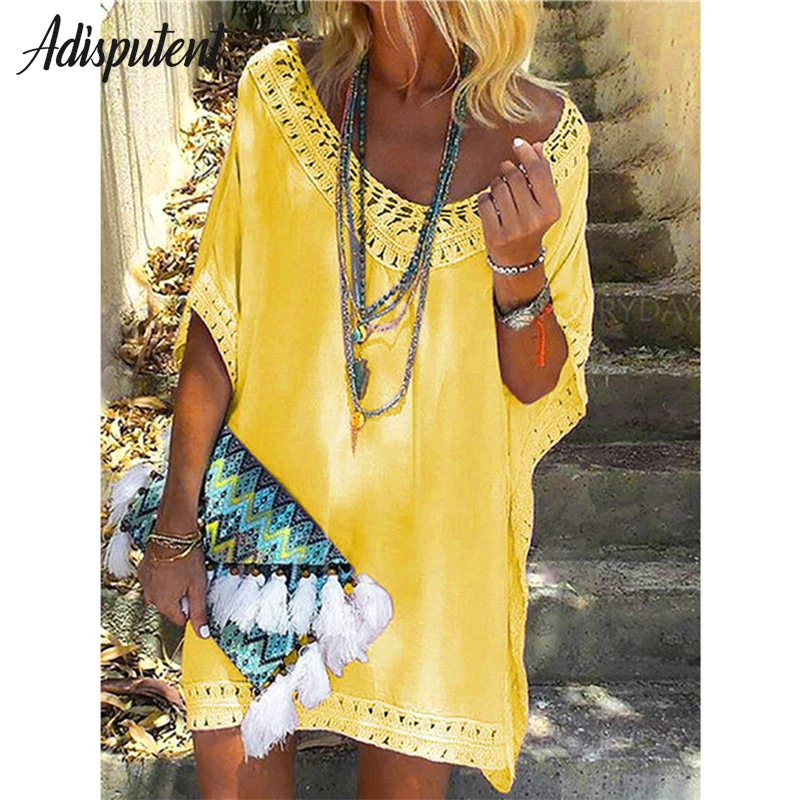 2022 Сексуальное Женское свободное пляжное платье туника однотонное бикини