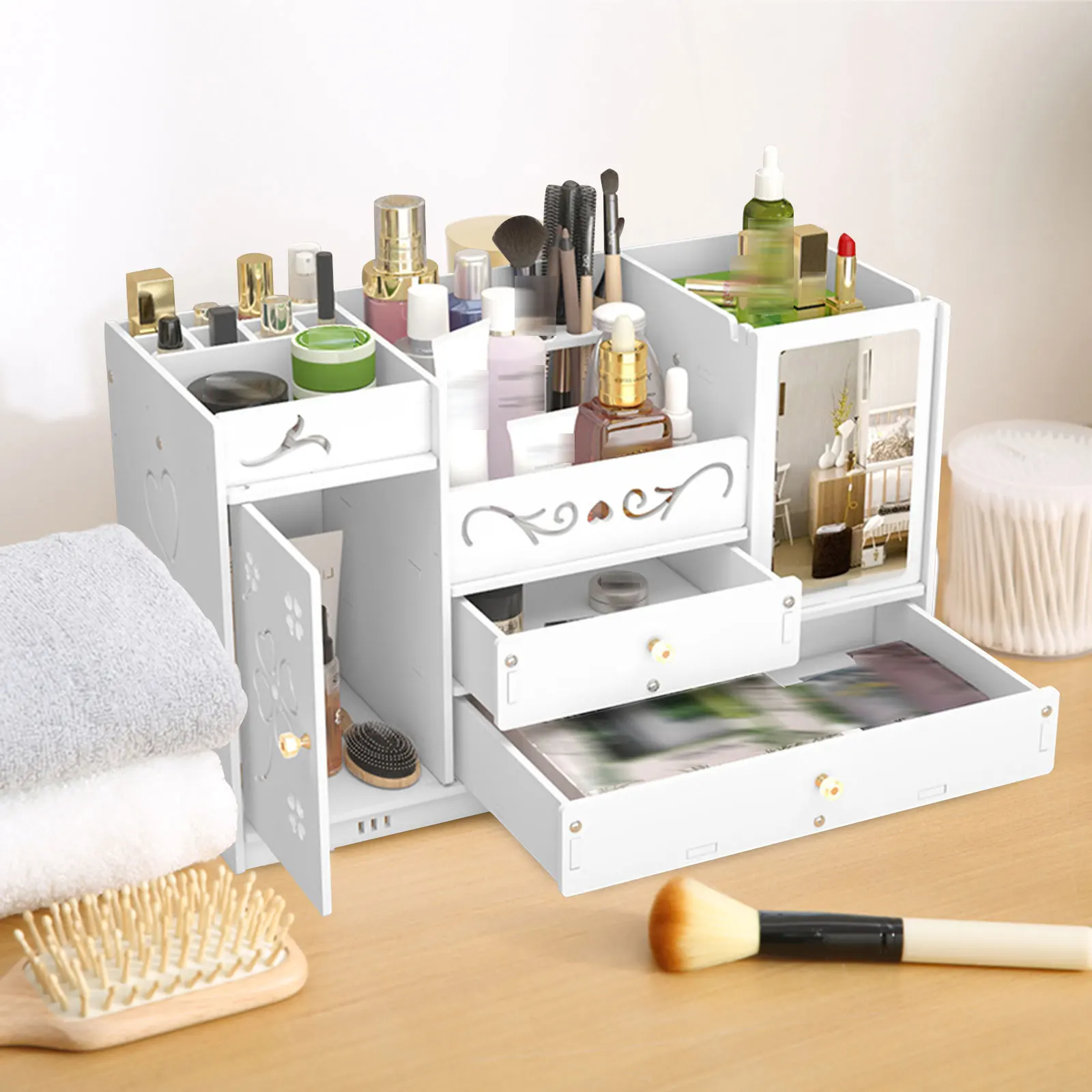 

White Make Up Organizer Drawer PVC Makeup Stand Storage Jewelry Box