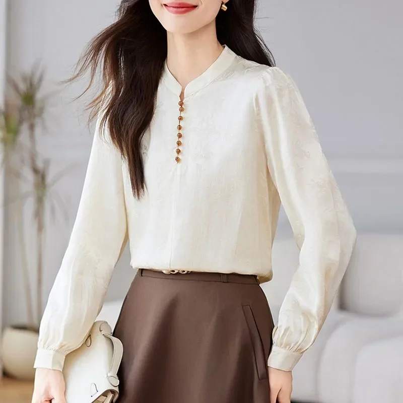 Новая женская блузка с воротником-стойкой однотонная длинным рукавом рубашка