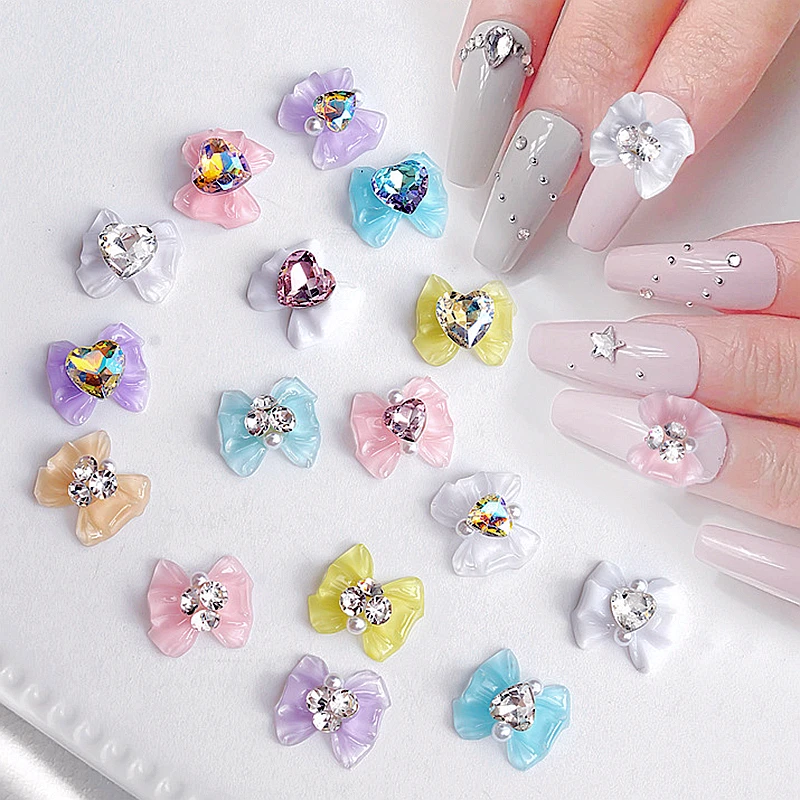

10PCS Large Size 3D Resin Nail Art Bow Charms With Love Heart Crystal Diamond Accessories Nail Decoration Rhinestone Supplies ZS
