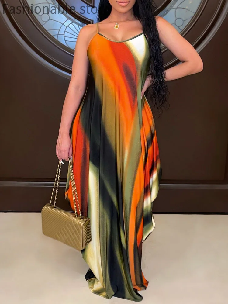 

Loose Print Sleeveless Spaghetti Strap Maxi Dress