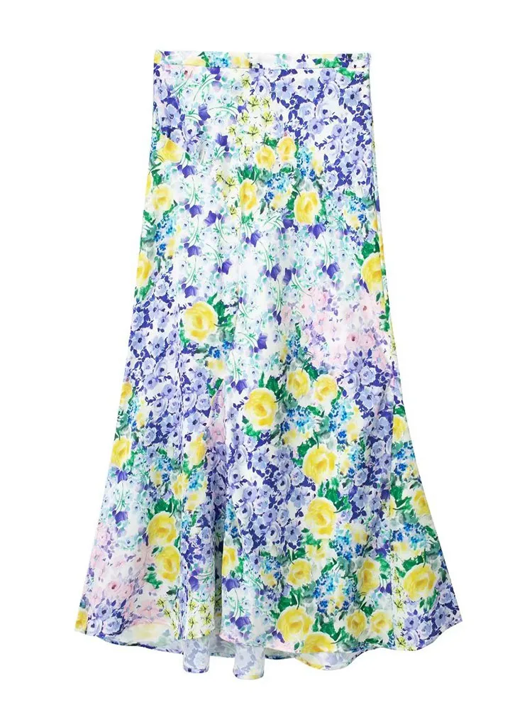

Women's Floral Printed Midi Skirt 2023 Summer Female High Waist Chic A-line Dress Vintage Ladies Beach Style Mid-Calf Skirts