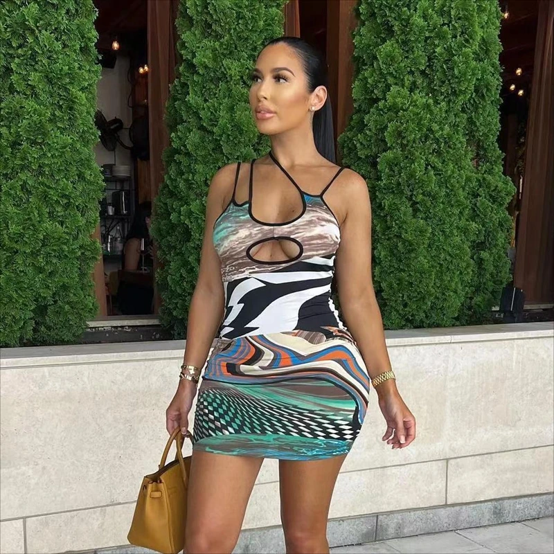 

Sexy Dress Spring Summer Print Sling Party Dresses for Women Y2k Clothes Nightclub Vacation Club Outfits Streetwear Wholesale