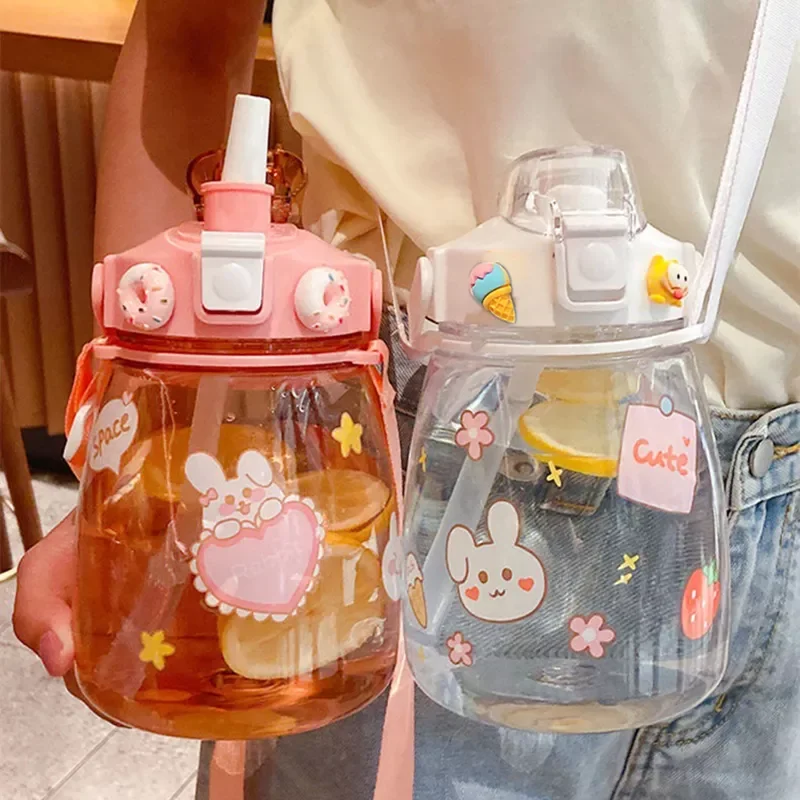 

2023NEW Large Capacity Outdoor Sports Water Bottle With Straw Strap 3D Sticker For Girls Children Portable School Drinking Bottl