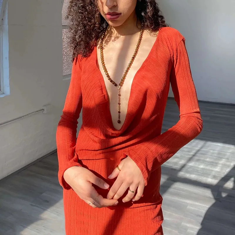 Women'S Sexy Deep V Dress Swing Collar A-Line Skirt New Hot Girls Slim Long Sleeve Party Dress