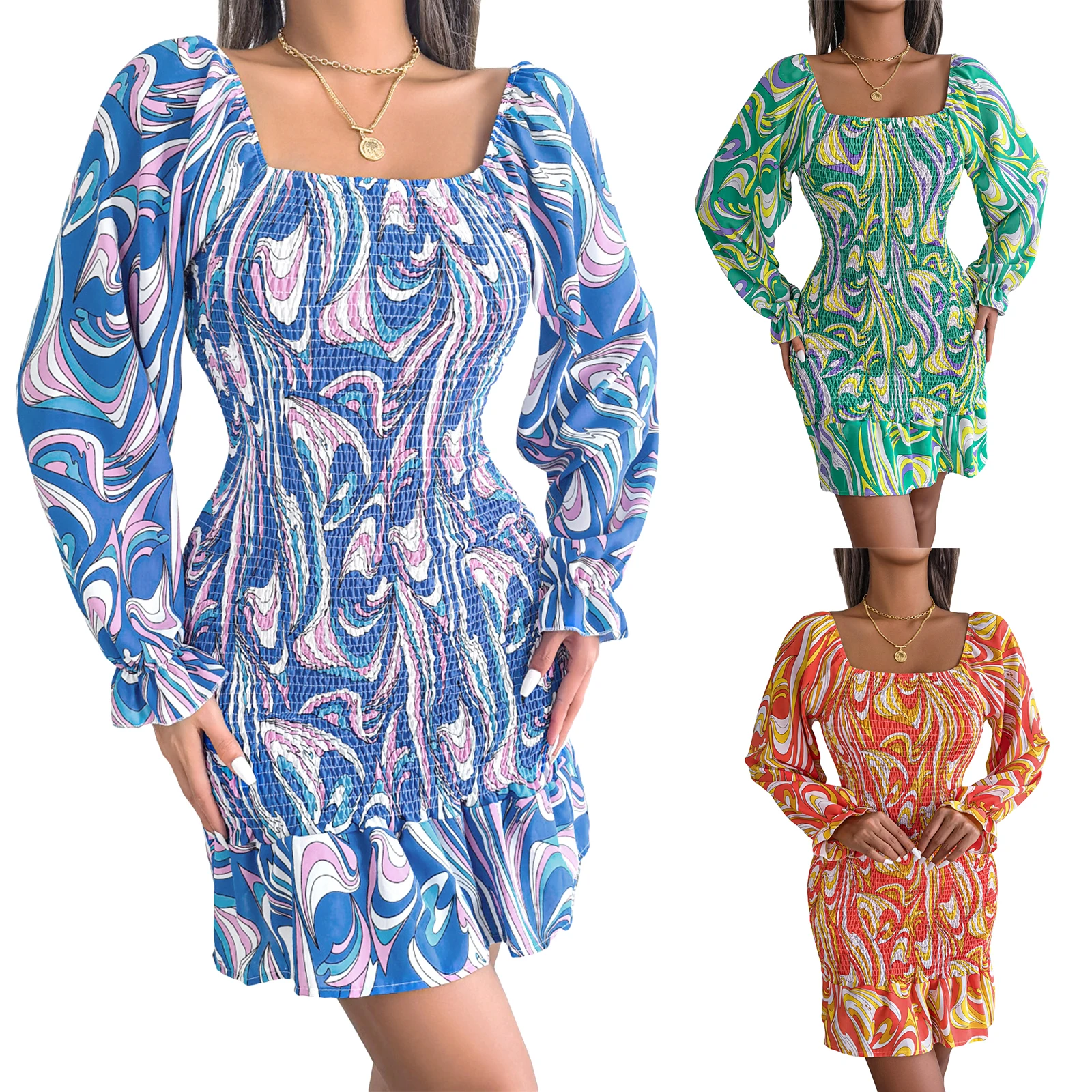 

Fashion Women's Long Sleeve Ruffled Dress Vintage Pattern Print Square Neck Contrast Color , Female Ruched Casual Bodycon Dress