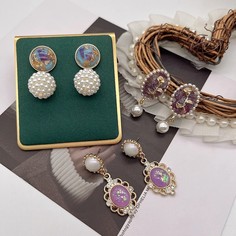 

Cute Pearl Ball Charm Purple Resin Glitter Pendant Stud Earrings Korean Jewelry