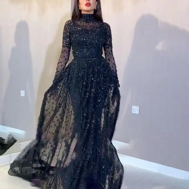 

BAZIIINGAAA Elegant Evening Dress 2022 New High-neck Long-sleeved Tulle Perspective And Floor Dress Formal Evening Robes De Soir