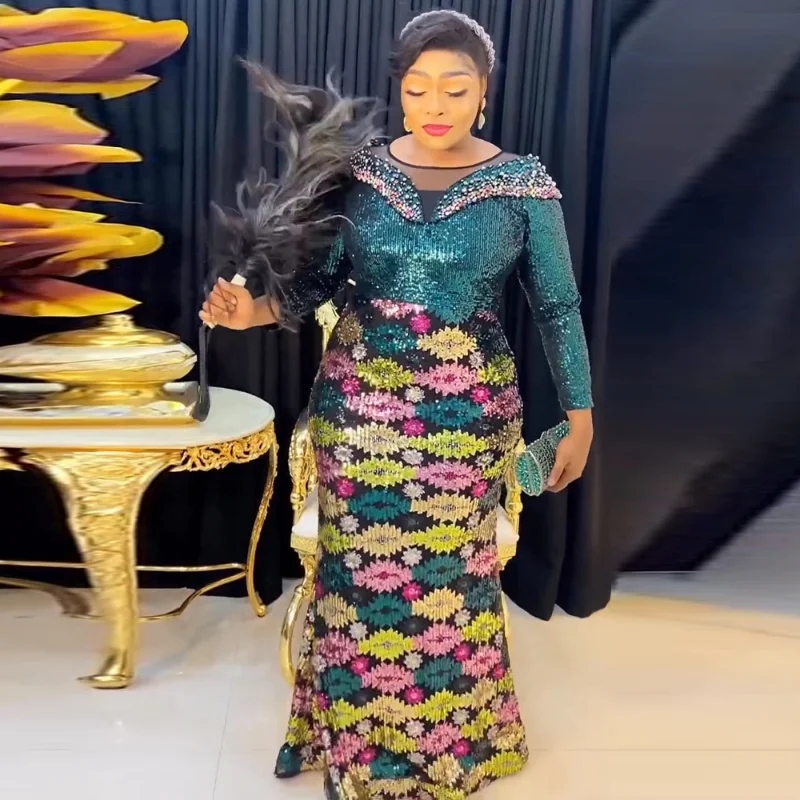 

Plus Size African Party Long Dresses for Women 2023 New Dashiki Ankara Sequin Evening Gowns Turkey Outfits Robe Africa Clothing