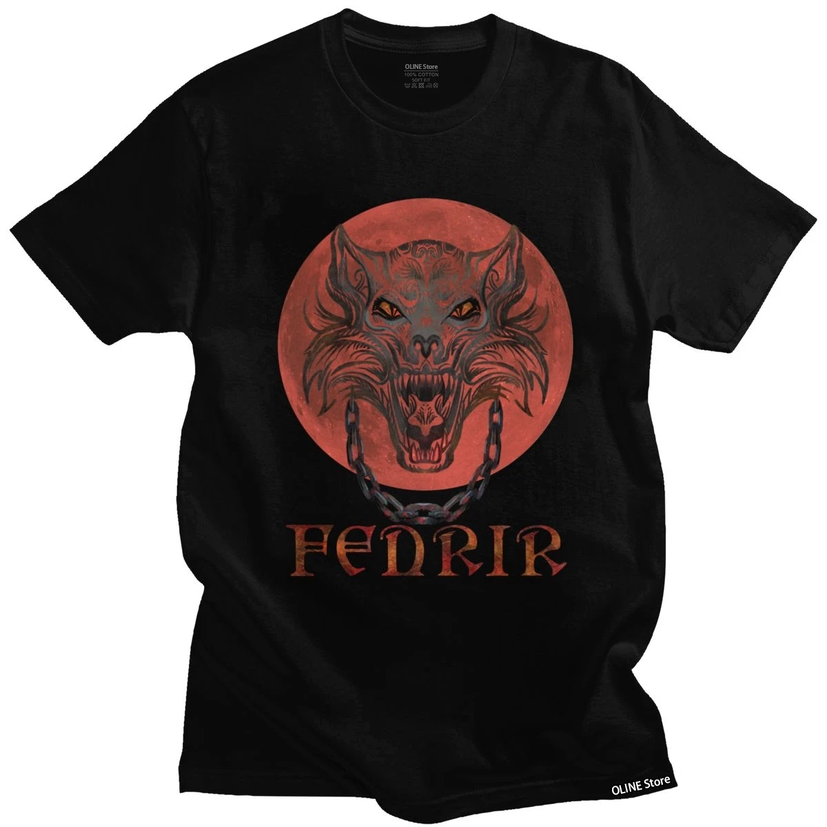 

Fenrir Viking T Shirt for Men Soft Cotton Casual T-shirt Crew Neck Short Sleeve Norse Wolf Monster With Bloody Moon Tee Clothing