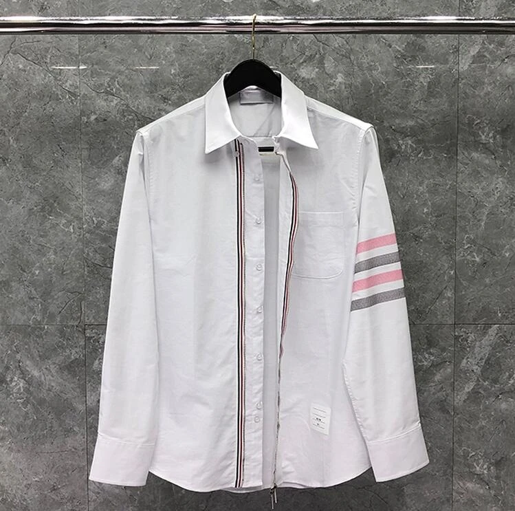 TB Men's Cloth New Shirts Men Slim White Long Sleeve Casual Shirt Zipper Striped Turn Down Collar Oxford Men's Clothing