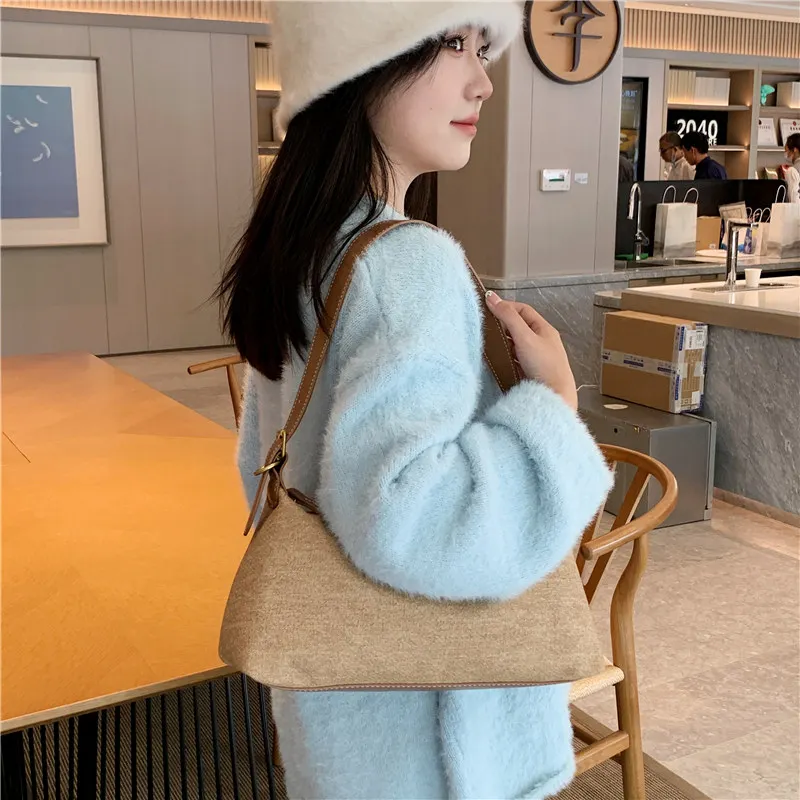 Blue And Black Canvas Retro Women Daily Party Underarm Dumpling Bag 2023 Trendy Leisure Temperament Soft One-shoulder Messenger