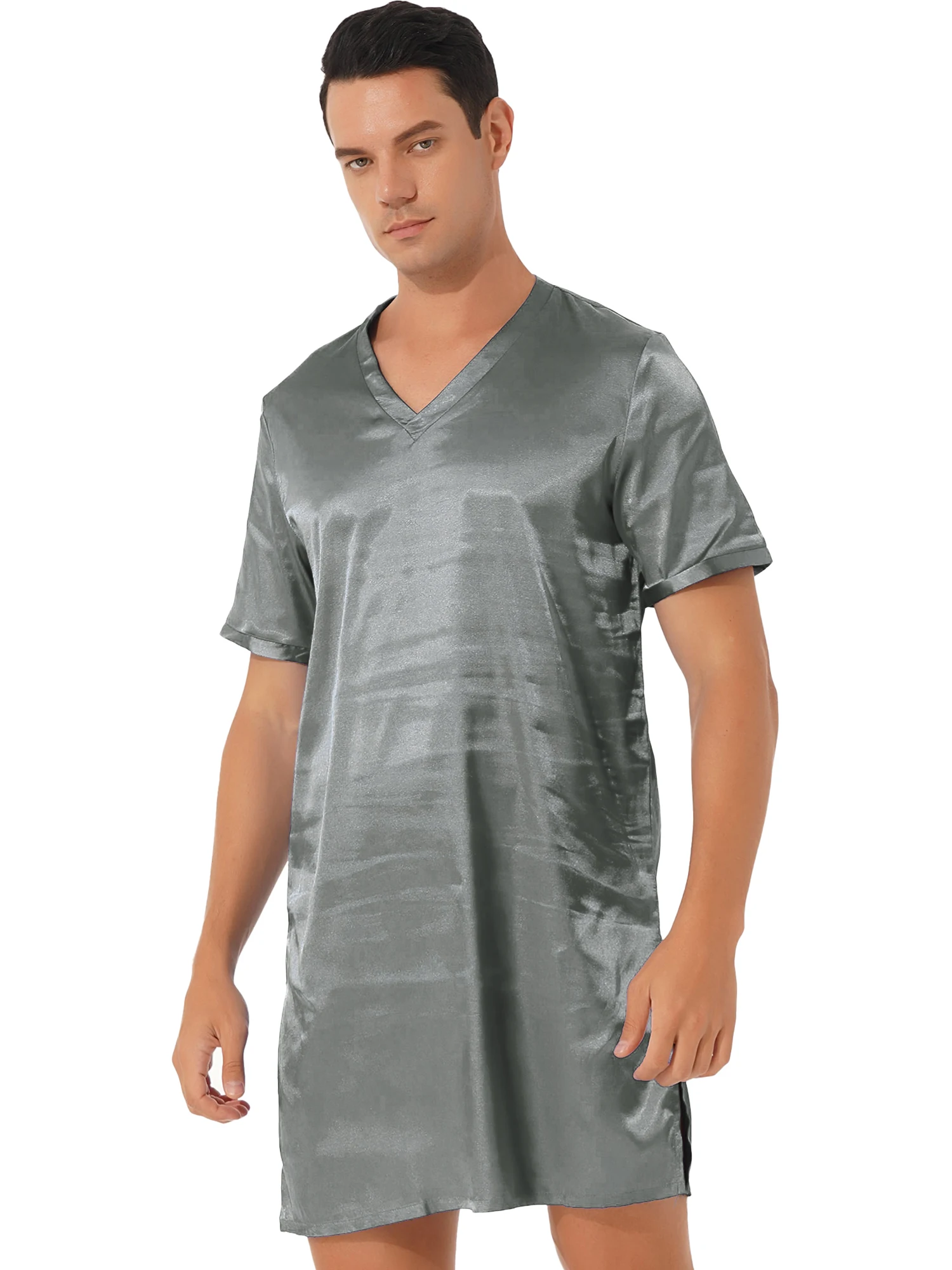 Мужские и женские атласные пижамы Ночная рубашка с V-образным вырезом банный