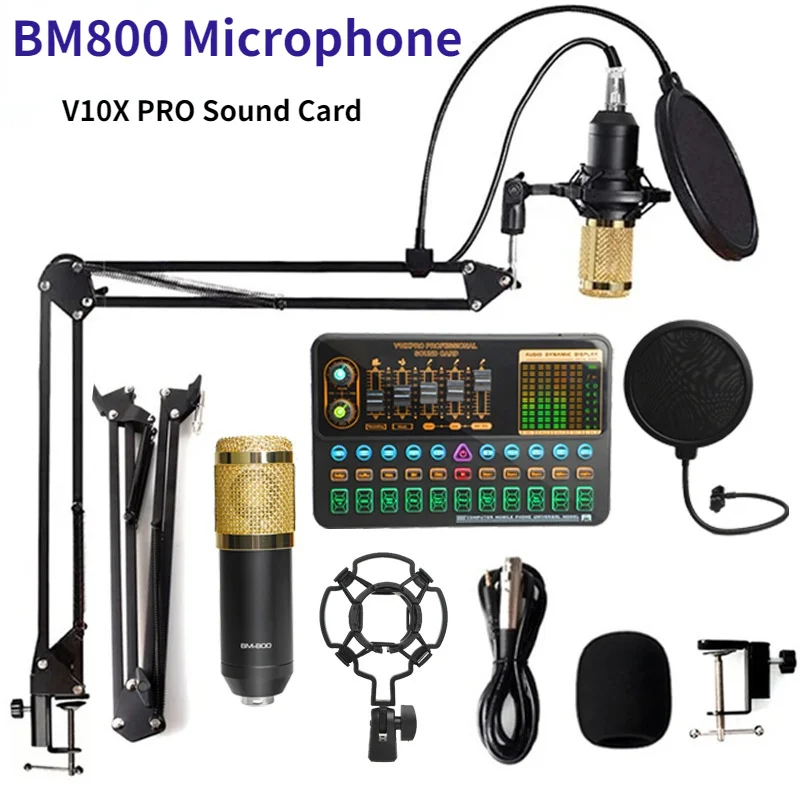 

Profissional microfone condensador bm 800 sem fio bluetooth v10 pro placa de som para computador telefone karaoke ao vivo