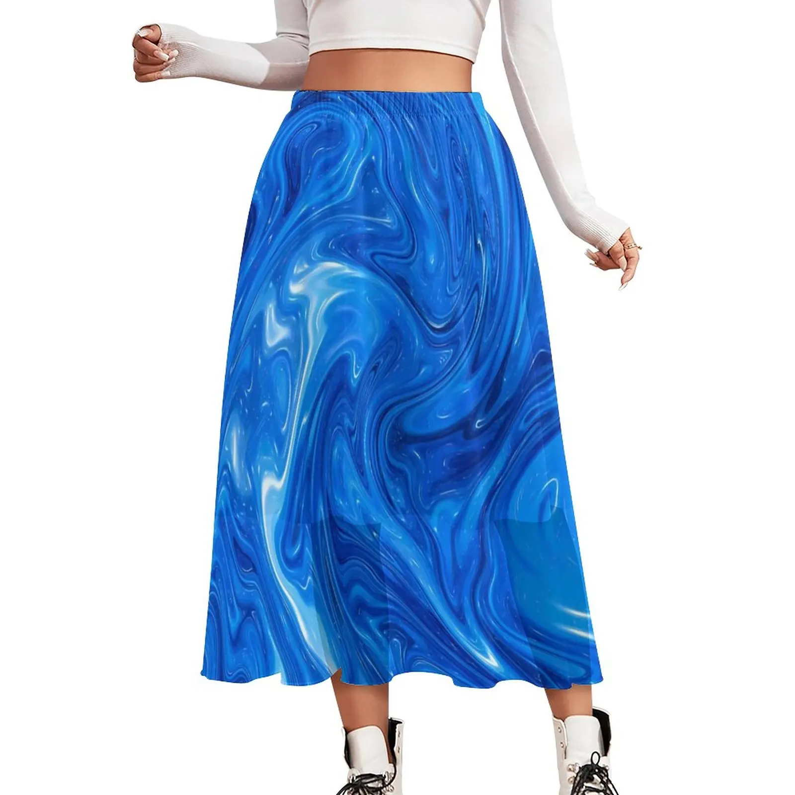 

Elegant Blue Marble Skirt Female Abstract Artwork Beach Long Skirts Design Elastic Waist Street Style Casual Skirt Big Size 3XL