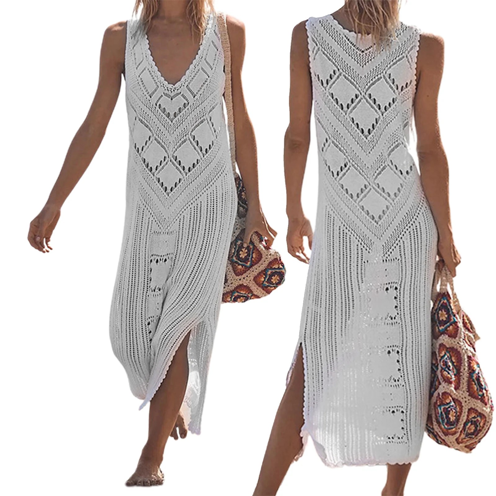 

Women's Bikini Cover Up Vest Style V-neck Sleeveless Knitted Hollow Hem Side Slit Loose Swimsuit Blouse