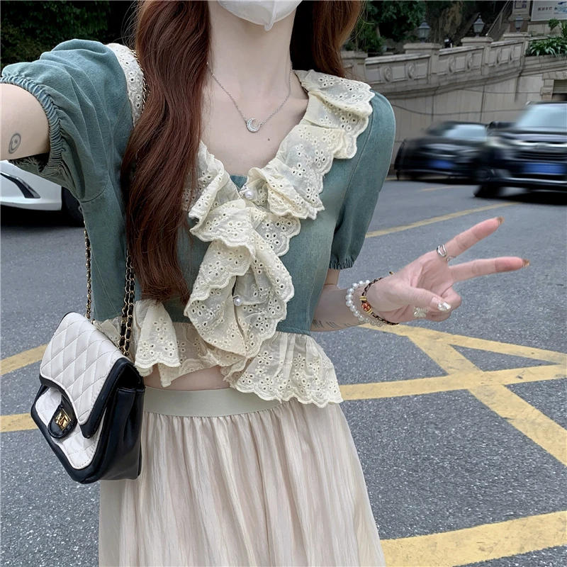 

Женские облегающие блузки с оборками, летние лоскутные рубашки из денима с рукавами-фонариками, Y2k