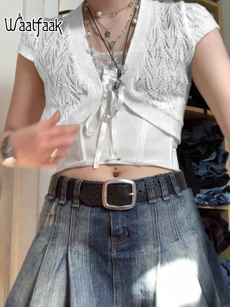 

Waatfaak Hollow Out Bandage Short Sleeve Knitted T Shirt Women Korean V Neck Vintage Aesthetic Tshirt Elegant Summer Casual Top