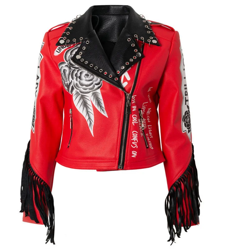 Chinese Style Motorcycle Leather Clothes New Zipper Printed Red Women'S  Short, Slim, Fashionable, Personalized A enlarge
