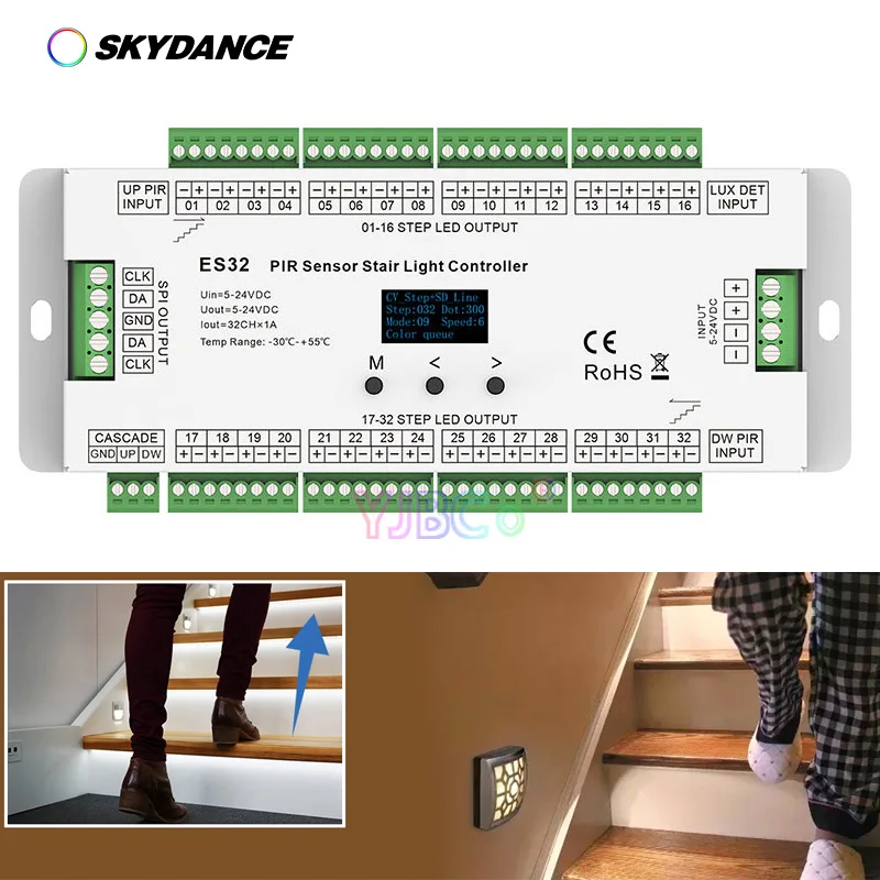 

32CH PIR Sensor Stair Light Controller ES32 5V-24V 12V Human Body Infrared Inductive Switch SPI(TTL) signal output OLED display