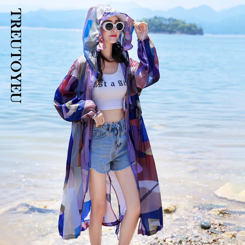 

Sun Protection Long Sleeves Zipper Hooded Dress Summer Sun-proof Beach Outfits Cover Ups for Women Camouflage Coat Jackets