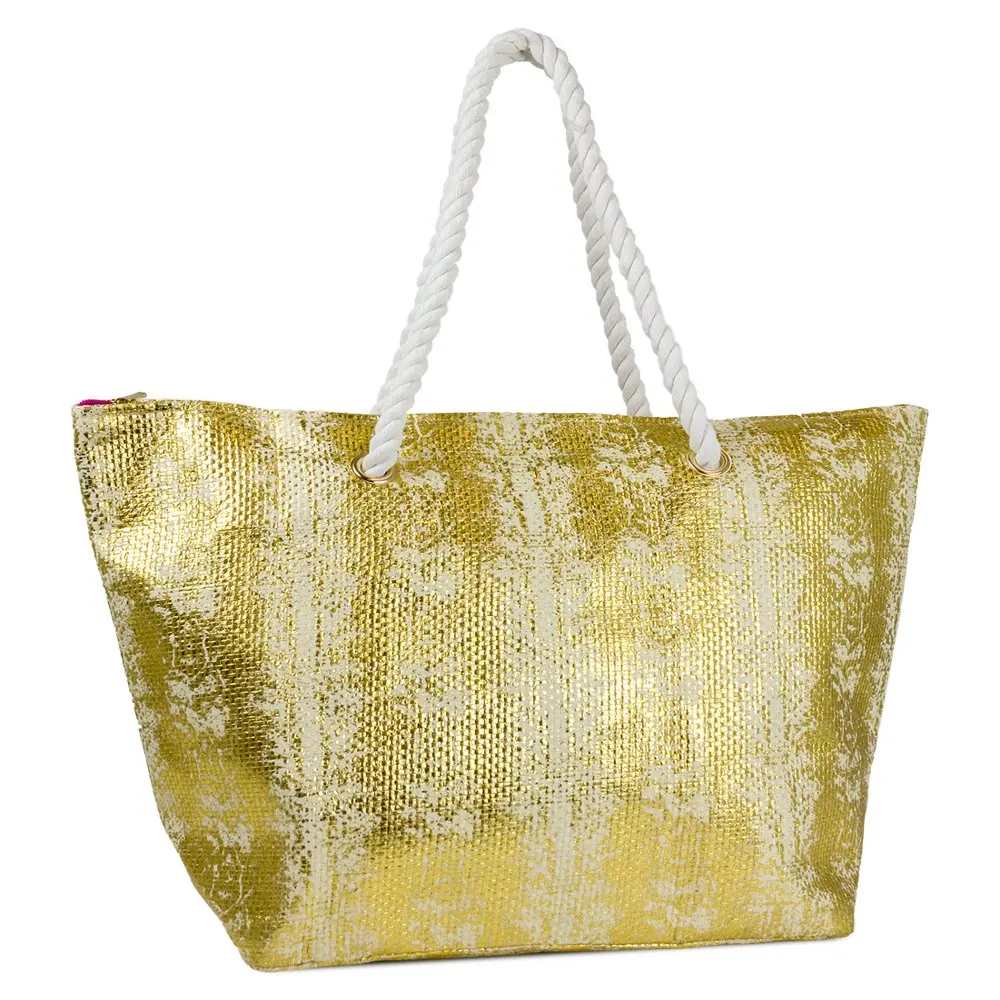 Women`s Metallic Snakeskin Print Paper Straw Beach Tote Bag with Double Rope Handle