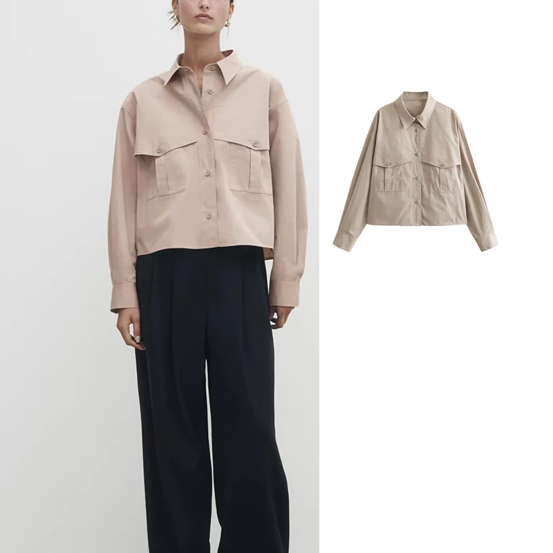 

TRAF 2023 Vintage Autumn Cropped Shirts Women Fashion With Pockets Casual Button up Woman Shirts & Blouses Chic Tops
