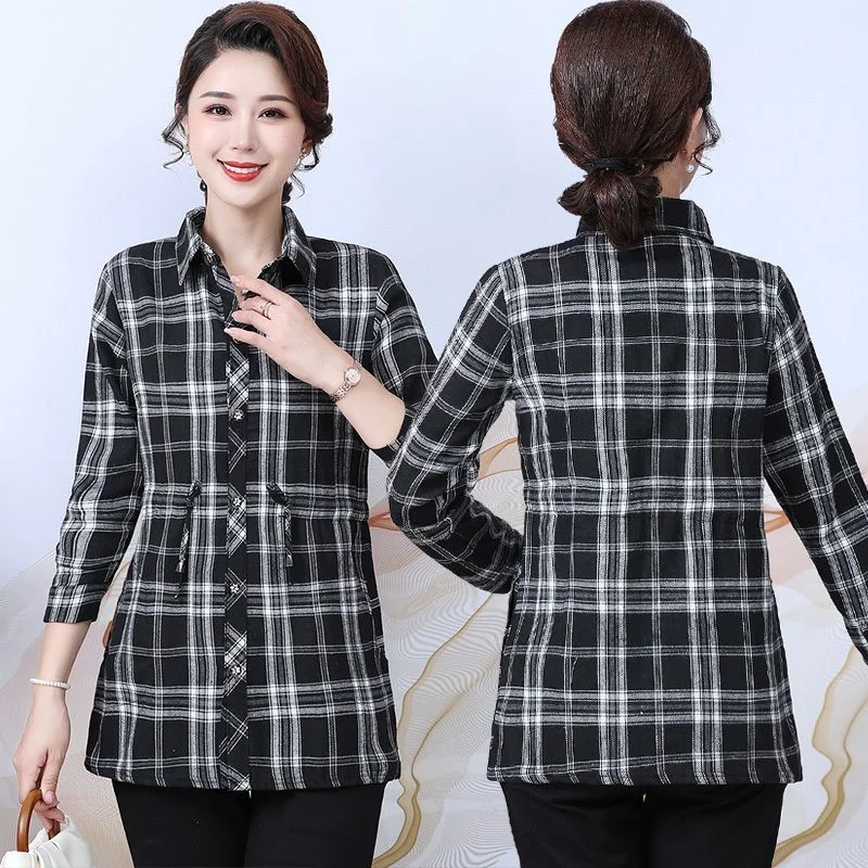 

2023 Women Spring Autumn Fashion Long-sleeved Loose Shirts Female Lace-up Plaid Blouses Ladies Mid-length Casual Shirts Q269