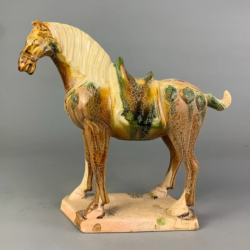 

Tang Sancai Yellow Glazed War Horse Sculpture Home Decor Antique Porcelain Ornament Museum Excavated Vintage Retro Decoration
