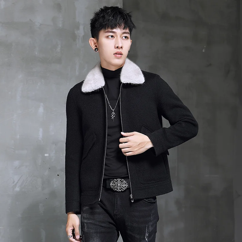 

Spring Autumn Wool Coat Men Double-sided Alpaca Jacket Mink Fur Collar Mens Coats and Jackets Overcoat 1970B KJ3859