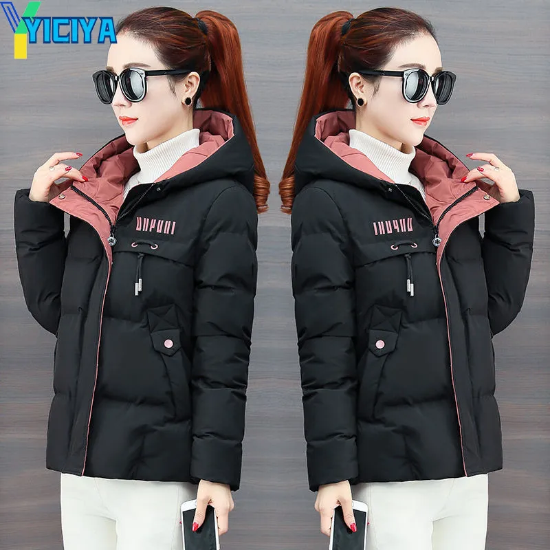 YICIYA New Women's Winter Jackets 2023 Hooded Thick Cotton Padded Parkas Female Jacket Streetwear Short Coat Slim Warm Outwear