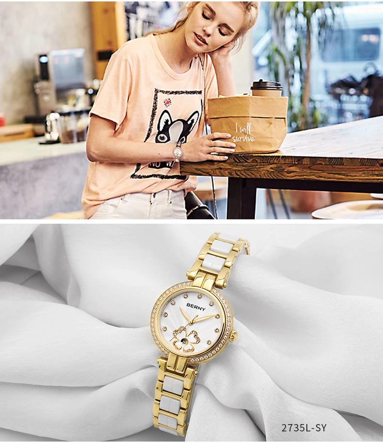 BERNY Quartz Women Ceramics Wristwatch Quality Women Watches Luxury For Ladies Elegant Clock 30M Waterproof Inlaid with zircon