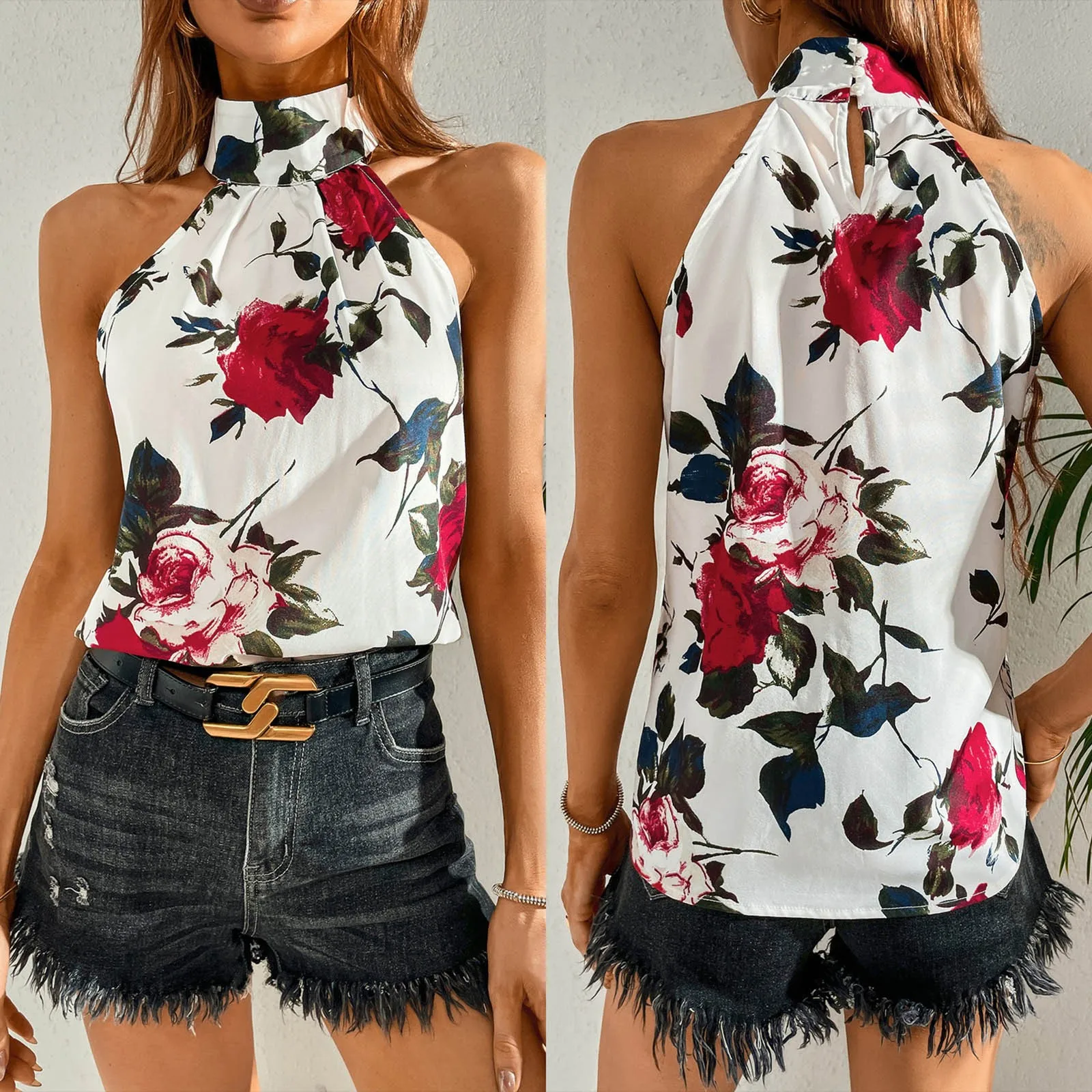 

Женская летняя шифоновая рубашка без рукавов с открытыми плечами и принтом, топ с лямкой на шее, укороченный топ для больших девушек, одежда,...