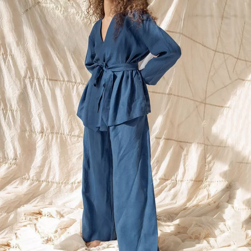 

Cotton Linen Women Pajama Robe Sets Lace Up Long Sleeve Nightgown Set Woman 2 Pieces Sets Casual Trouser Sleepwear Suits