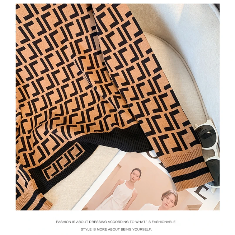 Винтажный Женский Клетчатый Жаккардовый Свитер Вязаные Пуловеры С Длинными