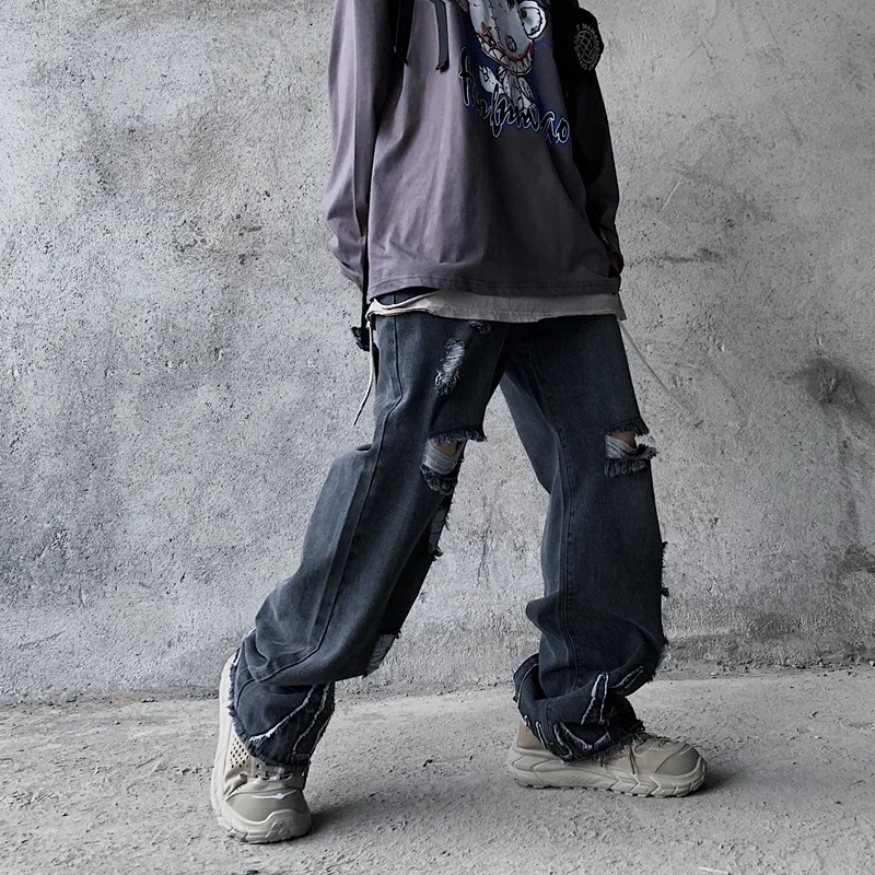 DEEPTOWN Ripped Jeans Men Hole Straight Denim Pants Loose Casual Trouers Male Fashion Streetwear Punk Hip Hop Vintage Spring
