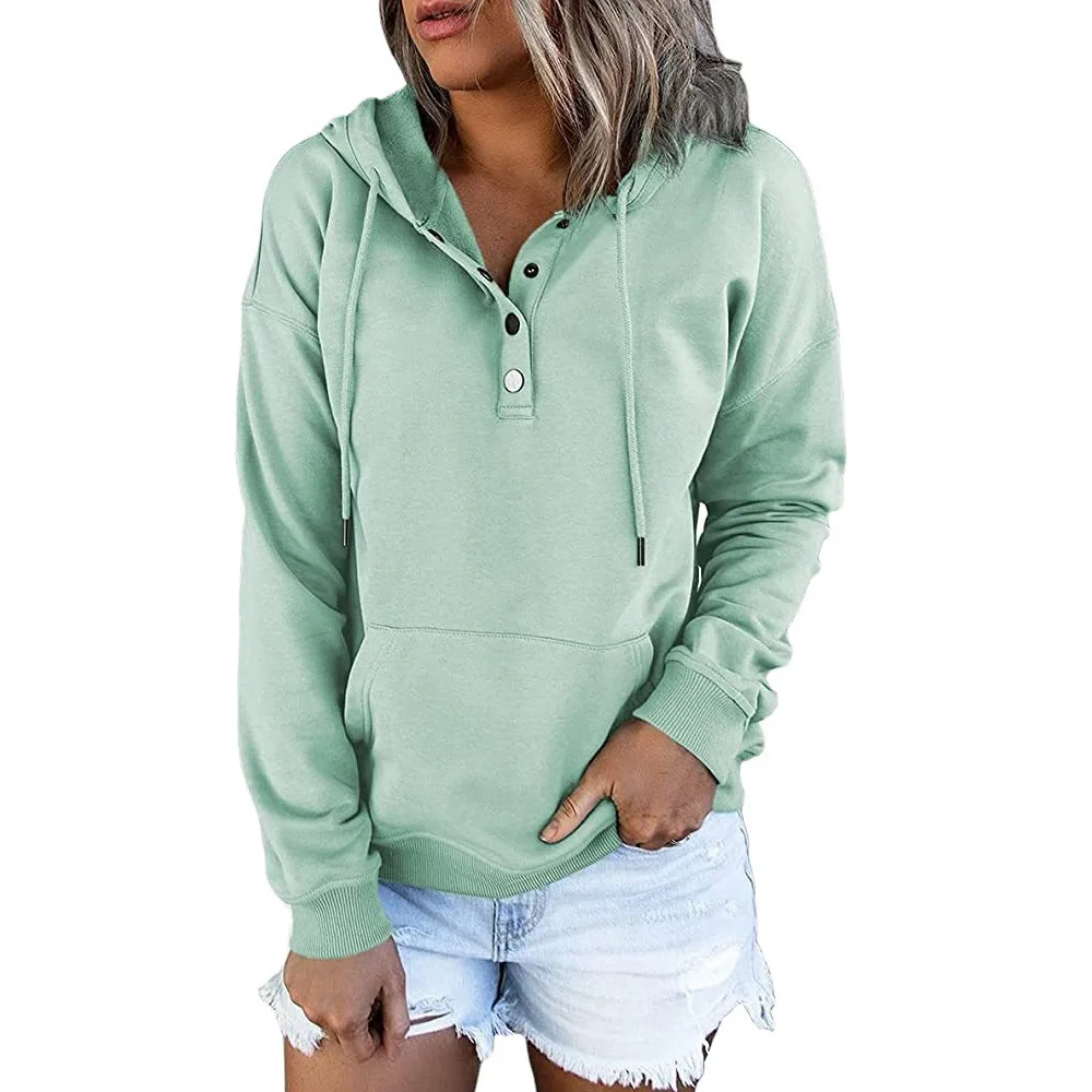Autumn Winter Ladies Casual Hoodies Loose Solid Color Long Sleeve Pullover Sweatshirts Femme Drawstring Pocket Button Streetwear