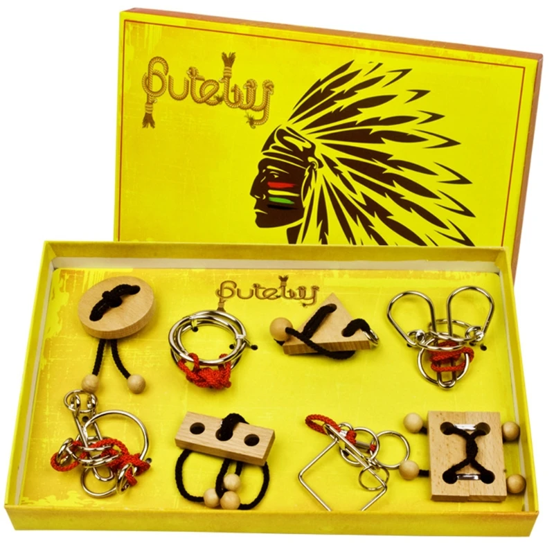 

Butebuy 8Pcs Metal Wire Wood Puzzle Set IQ Mind Brain Teaser Link Unlock Interlock Game Gifts for Kids Eeducational Toy N0HD