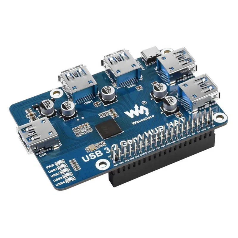 Фото Плата расширения Raspberry Pi 4B USB 3.2 Gen1 HUB HAT 5V с 4 портами USB 3.2 Gen1 для Raspberry Pi 4B №1