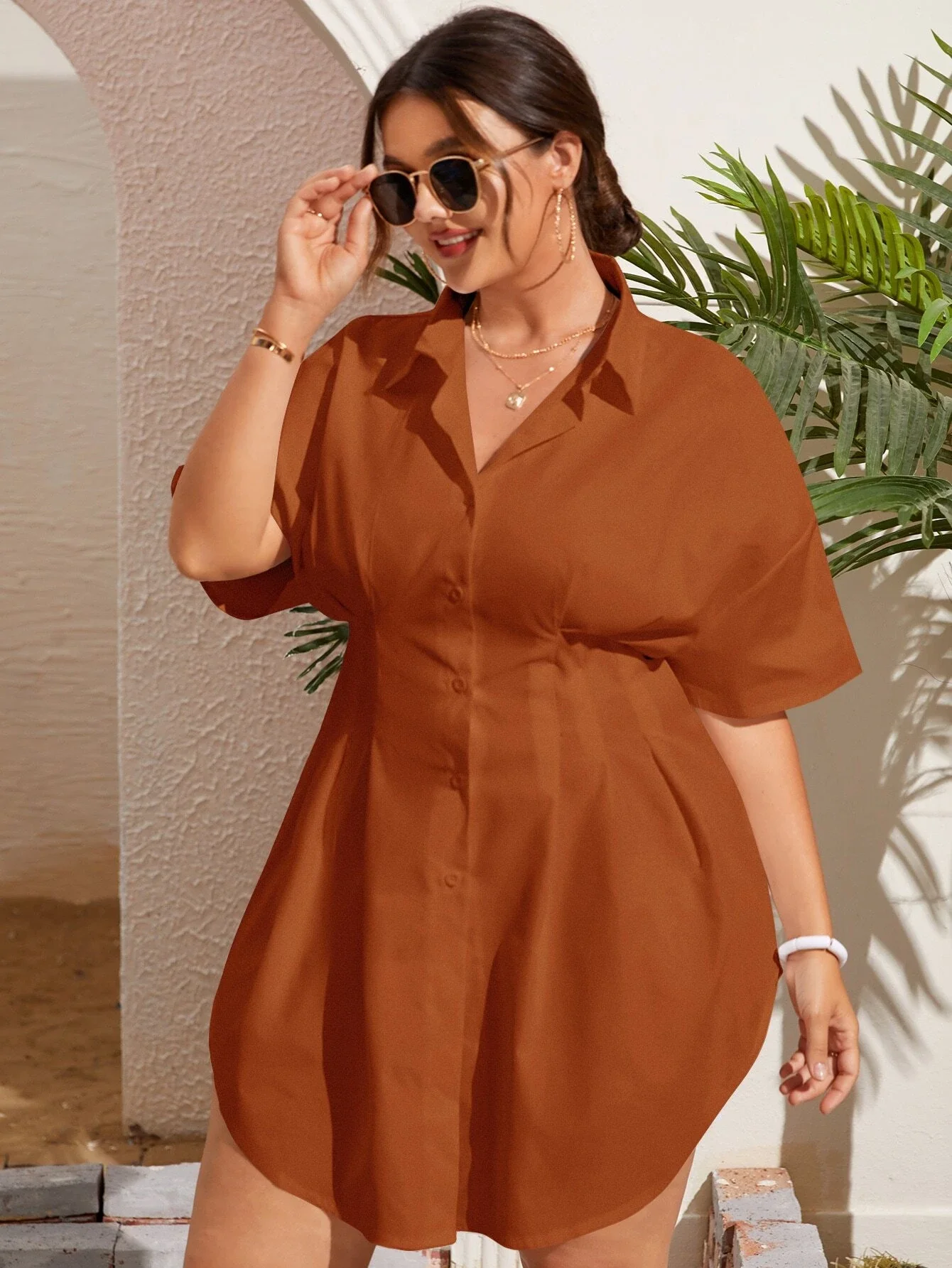 

Plus Plicated Detail Button Front Batwing Sleeve Shirt Dress