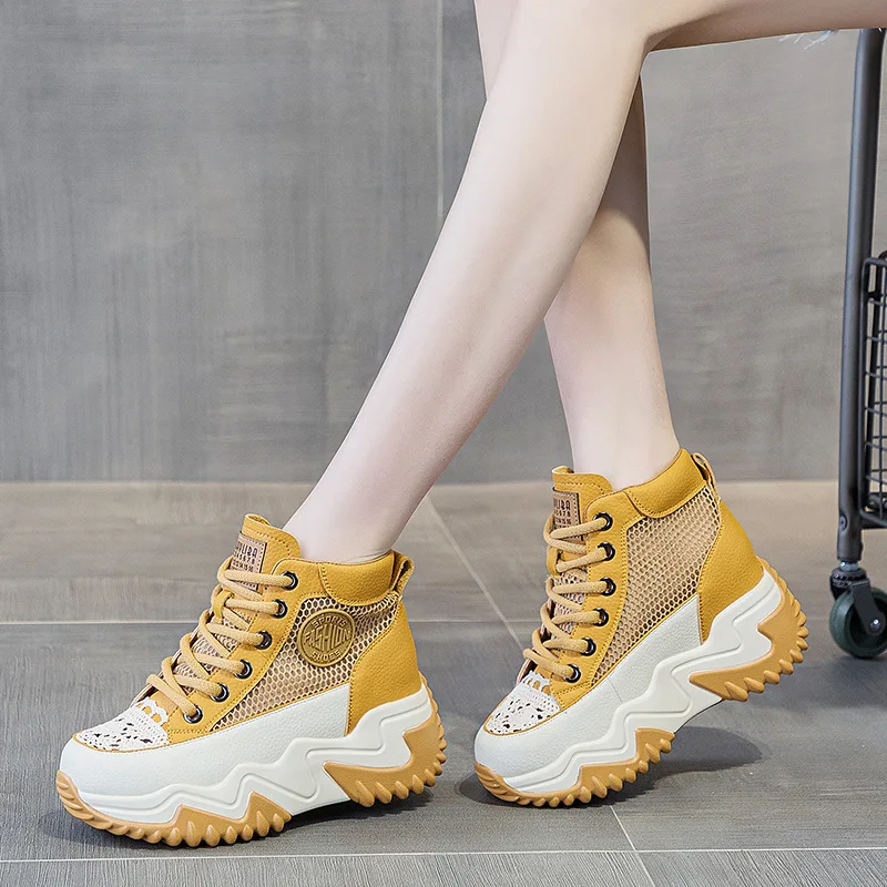 7CM Air Mesh Genuine Leather Comfy High Brand Breathable Shoes Chunky Sneaker Spring Summer Platform Women Wedge Women Shoes