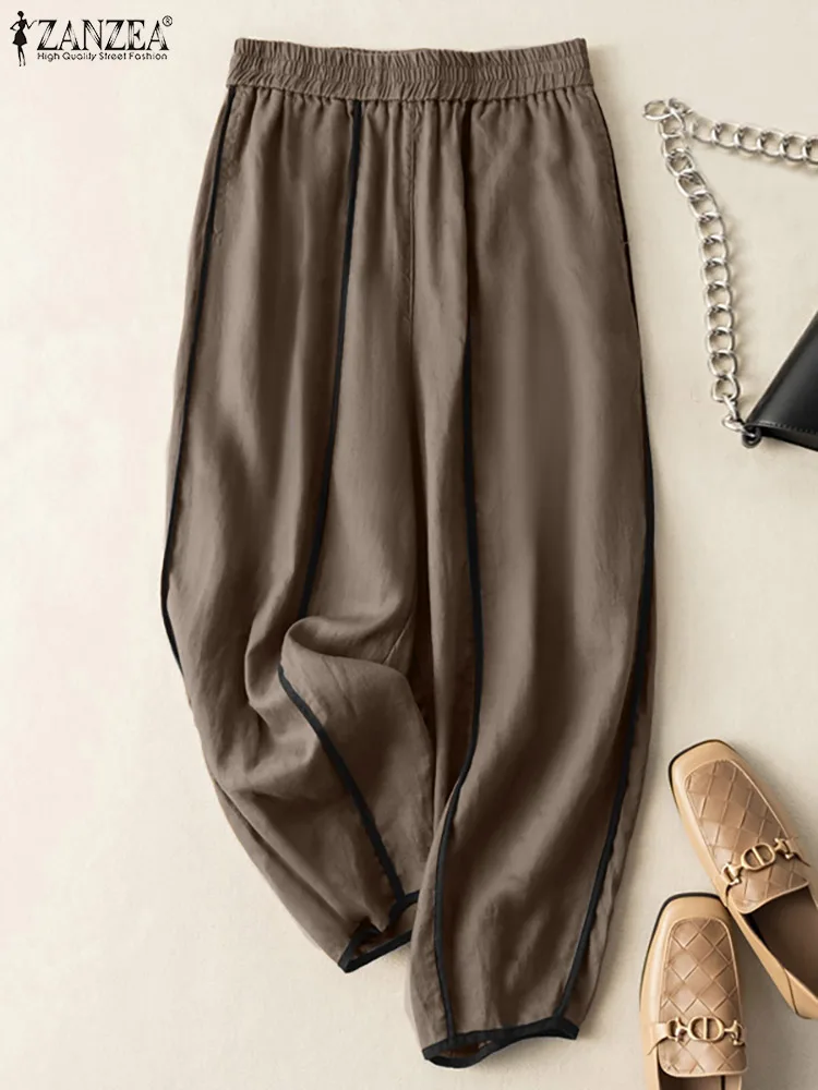 

Модные летние свободные брюки Капри, уличная одежда, женские брюки ZANZEA 2022, повседневные однотонные брюки оверсайз с эластичным поясом