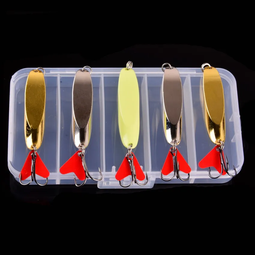 

5 шт./коркор. приманка, металлическая блесна, набор Блесен, Золотая приманка для спиннинга, блесна с коробкой, тройные Крючки, рыболовная снасть, жесткая приманка