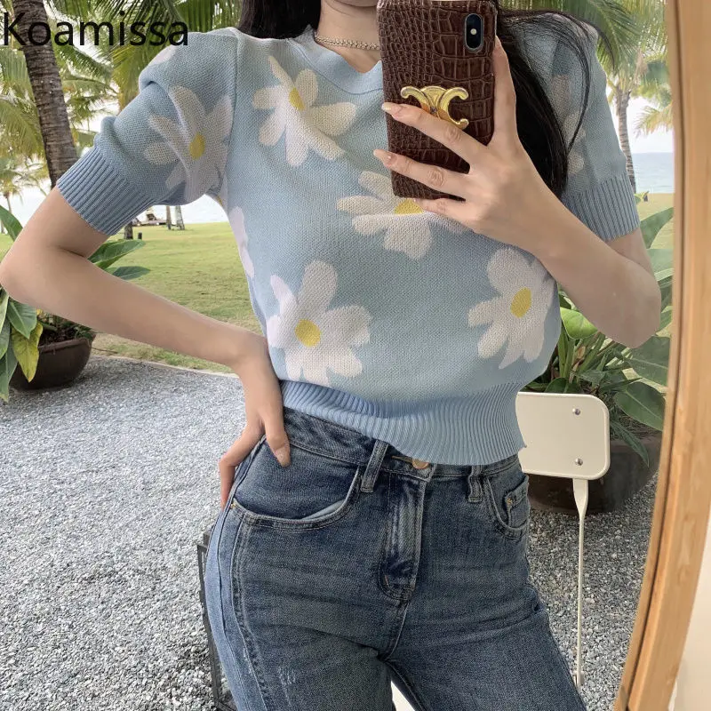 

Koamissa Sweet Thin Women's Summer Knitted Pullovers Short Sleeve O-neck Floral T-shirt Slim All Match Tshirts Chic Cropped Tops