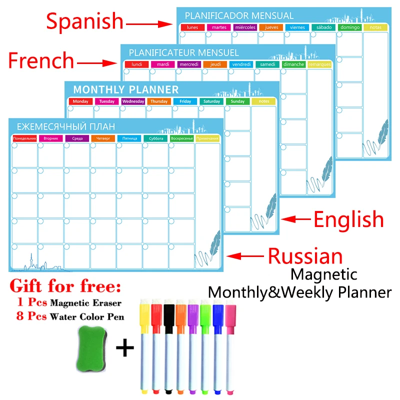 

English Weekly Whiteboard Dry Russian Planner French Calendar Erase Sticker Spanish Size Fridge Magnetic Monthly Table
