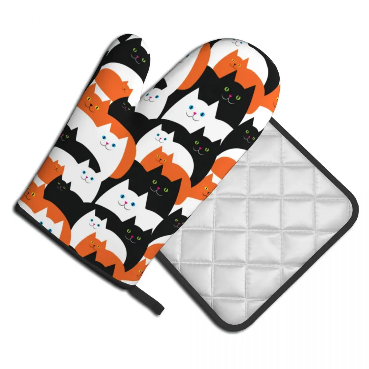 

Halloween Cat 2pcs Mitt Hot Pad Funny Cats Trick or Treat Barbecue Insulation Kitchen Gloves Hot Oven Bowl Oven Mitts Set