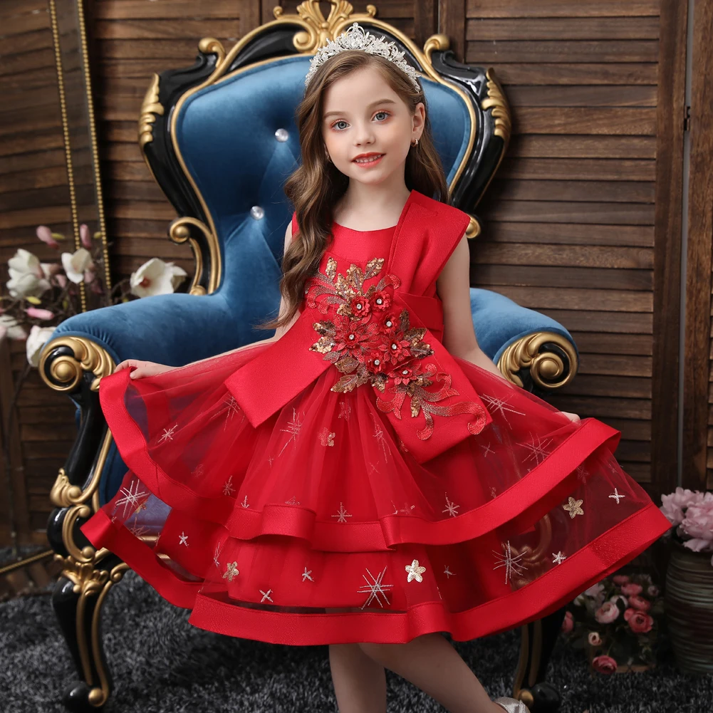 

Child Red Embroidered Flower Girl Wedding Dress Cotton Crew Neck Party Dress For Girl 2-10 Year Sleeveless