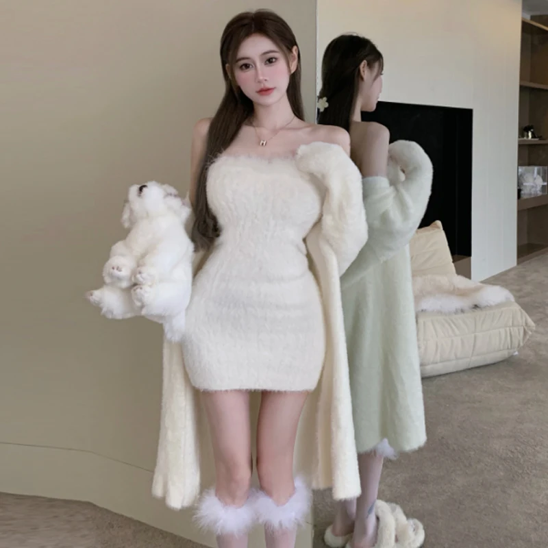 

Womens Two Peice Sets 2023 Spring New Medium Length Cardigan+Sexy Strapless Dress Suits Fashion Furry Sweater 2 Piece Sets