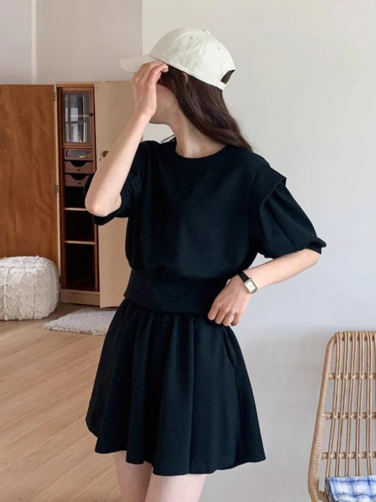 South korea Chic Summer Versatile Puff sleeve Short Hoodie + High Waist Wide Leg Casual Shorts Two-piece Set Women